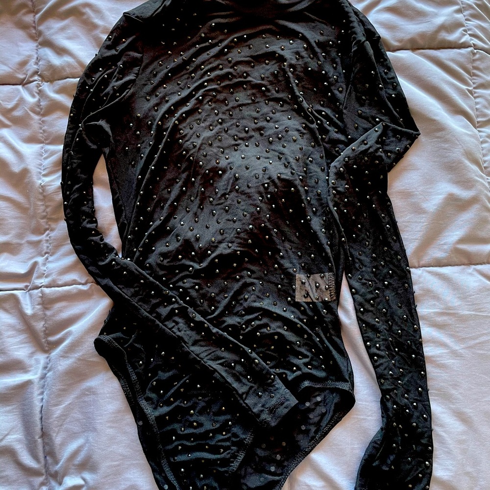 Sheer Mesh Long Sleeve rhinestone bodysuit